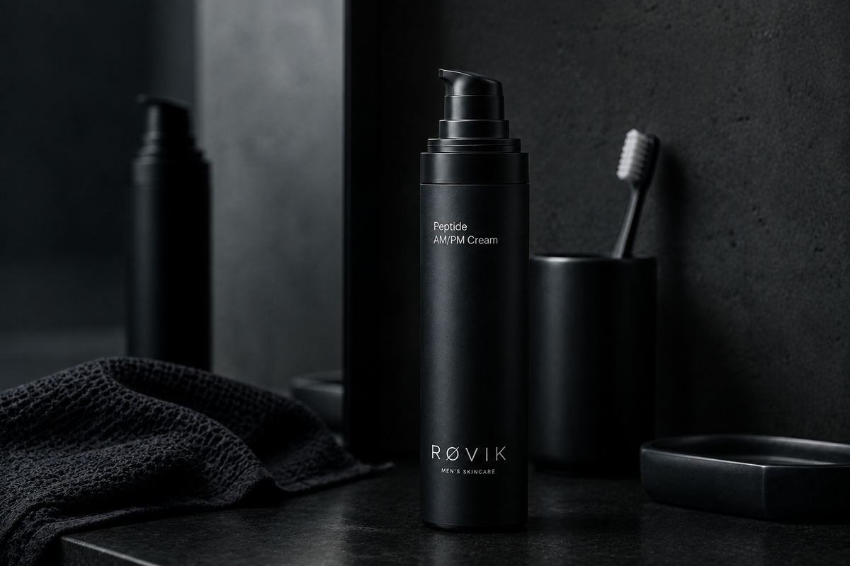 Røvik Peptide Ageless AM/PM Cream bottle on a bathroom counter