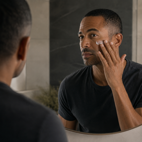 Man applying Røvik face cream while looking in a bathroom mirror